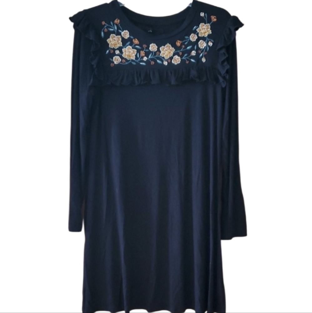 Cupio Anthropologie Black Long Sleeve Dress Floral‎ Embroidery & Ruffle Medium